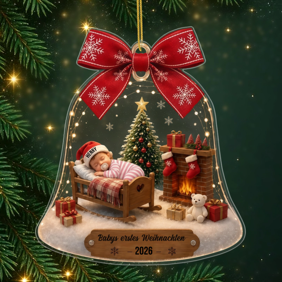 BabysErstesWeihnachten_PersonalisiertesGeschenk WeihnachtsornamentAusAcrylInGlockenformFurFrischgebackeneEltern