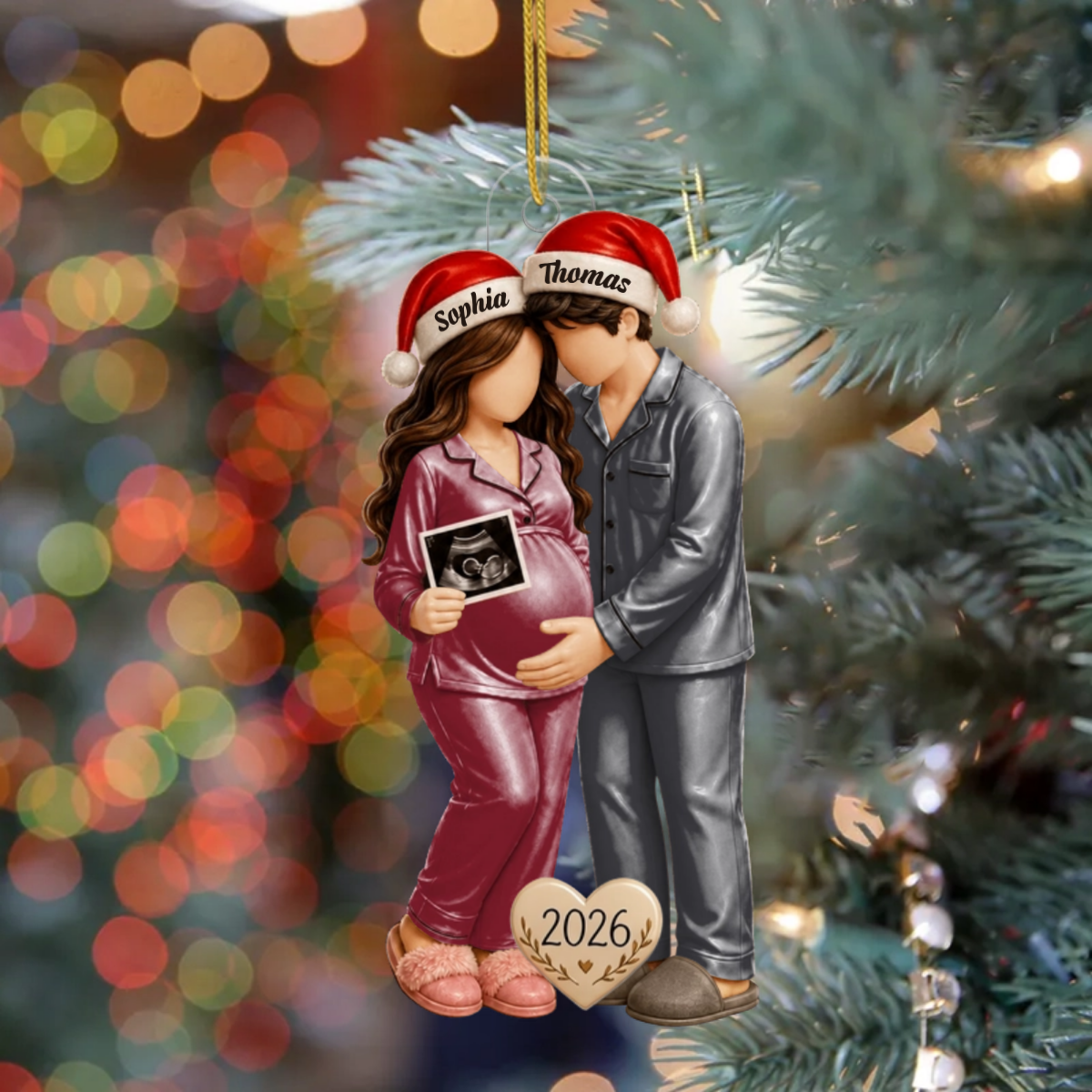 PersonalisierteWerdendeElternImWeihnachtsmann MutzenLookMitUltraschallbild_PersonlichesGeschenkAcryl OrnamentFurSchwangerePaare