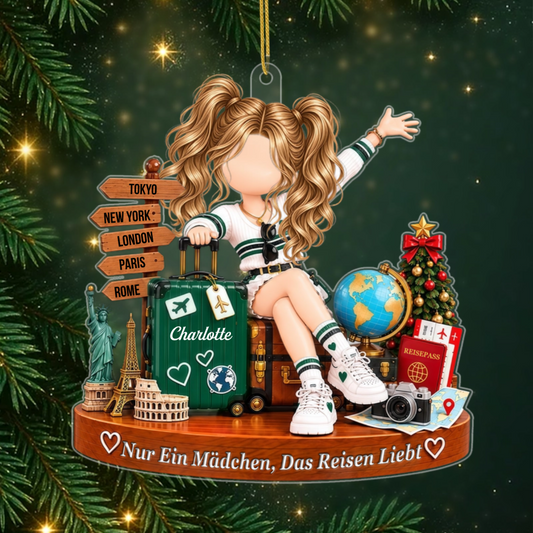 ReisebegeistertesMadchen_PersonalisiertesGeschenk Acryl OrnamentFurReiseliebhaberinnen