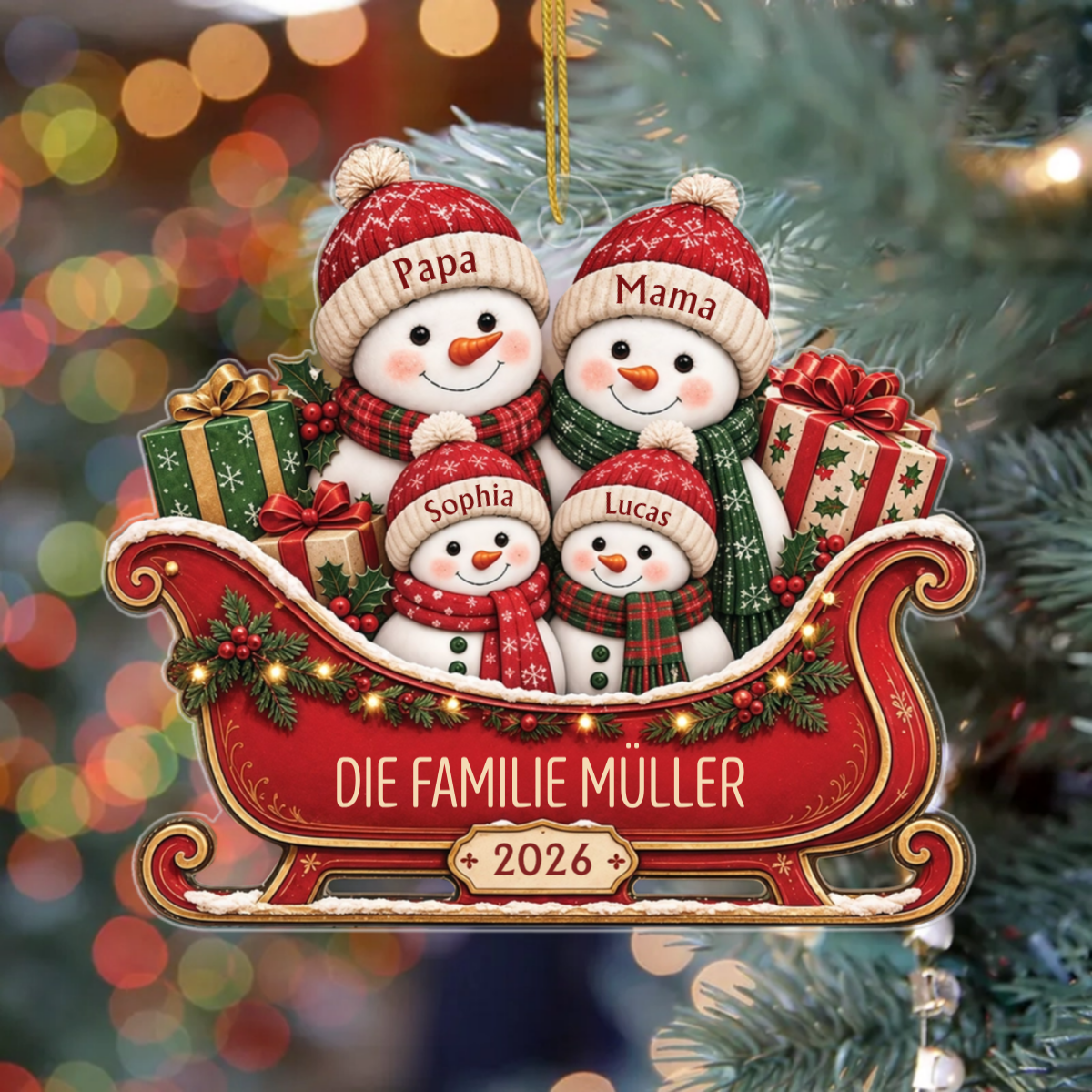 SchneemannFamilieSchlitten_PersonalisierteGeschenkeAcrylOrnamentFurFamilie