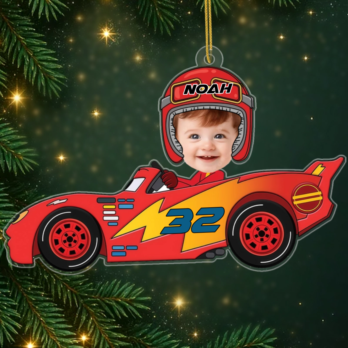 SportwagenmitFoto_PersonalisiertesGeschenk WeihnachtsornamentausAcrylfurzukunftigeRennfahrer Kinder