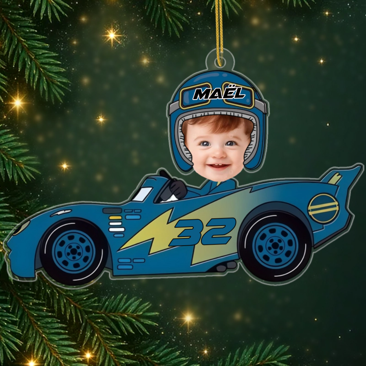 SportwagenmitFoto_PersonalisiertesGeschenk WeihnachtsornamentausAcrylfurzukunftigeRennfahrer Kinder1