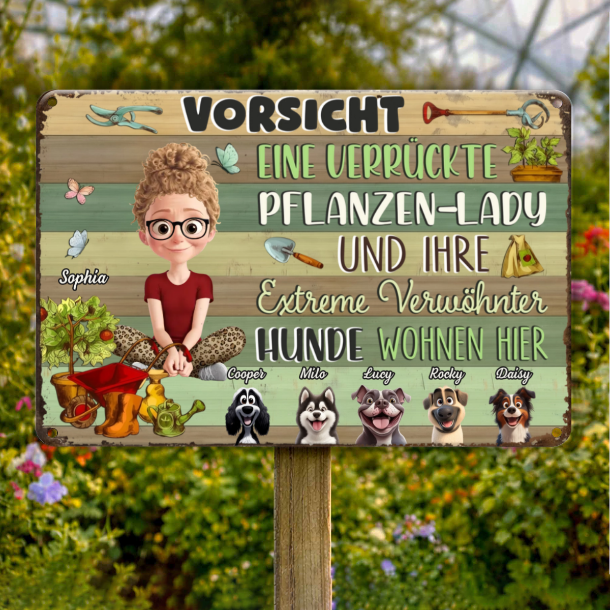 VorsichtVerrucktePflanzenlady_IhreVerwohntenHunde_PersonalisiertesGeschenkMetallschildFurPflanzenliebhaberinnen_Hundemamas_3
