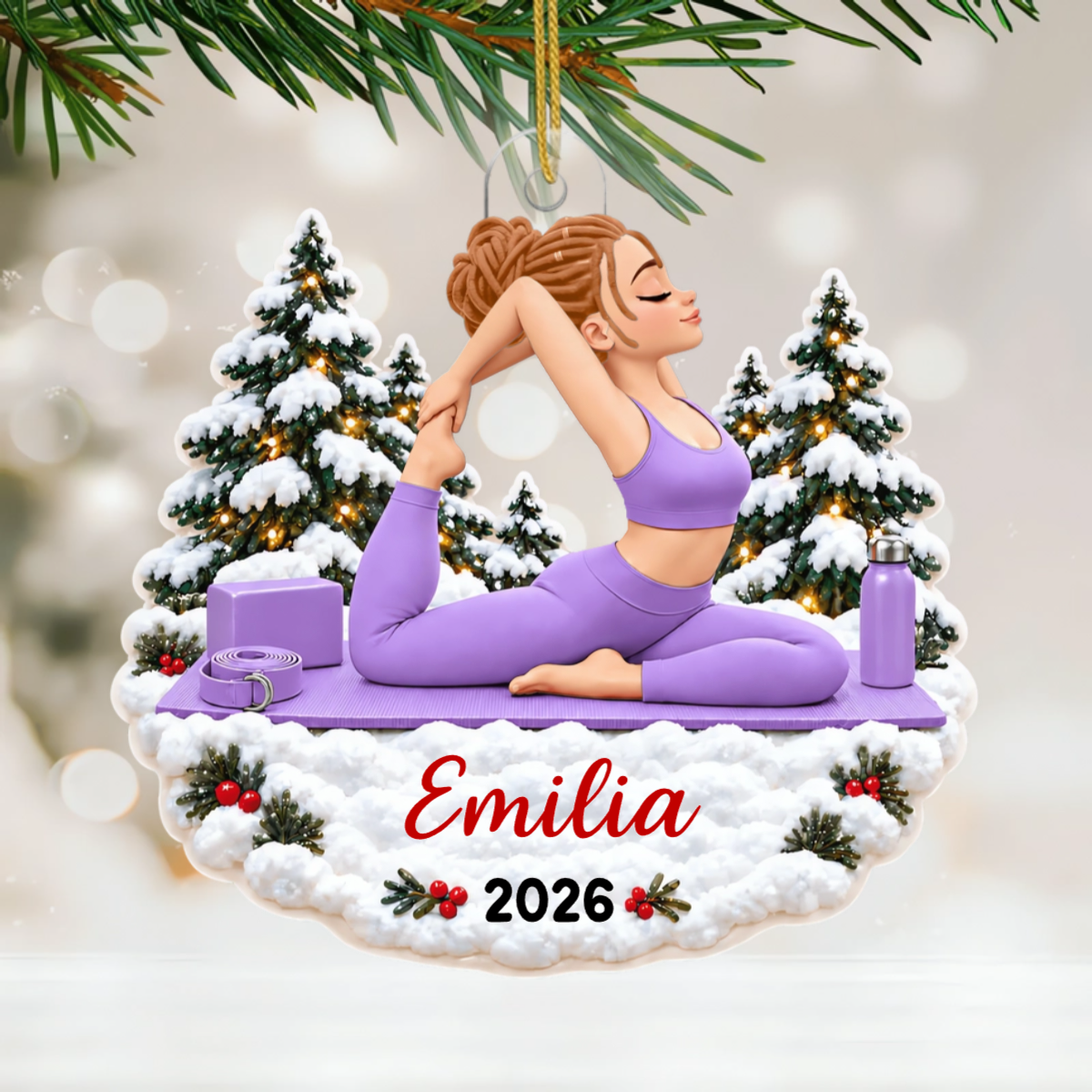 Yoga Frau_Mit_Verschneiten_Weihnachtsb_umen_ _Personalisiertes_Geschenk_Acryl Ornament_F_r_Yoga Liebhaber3