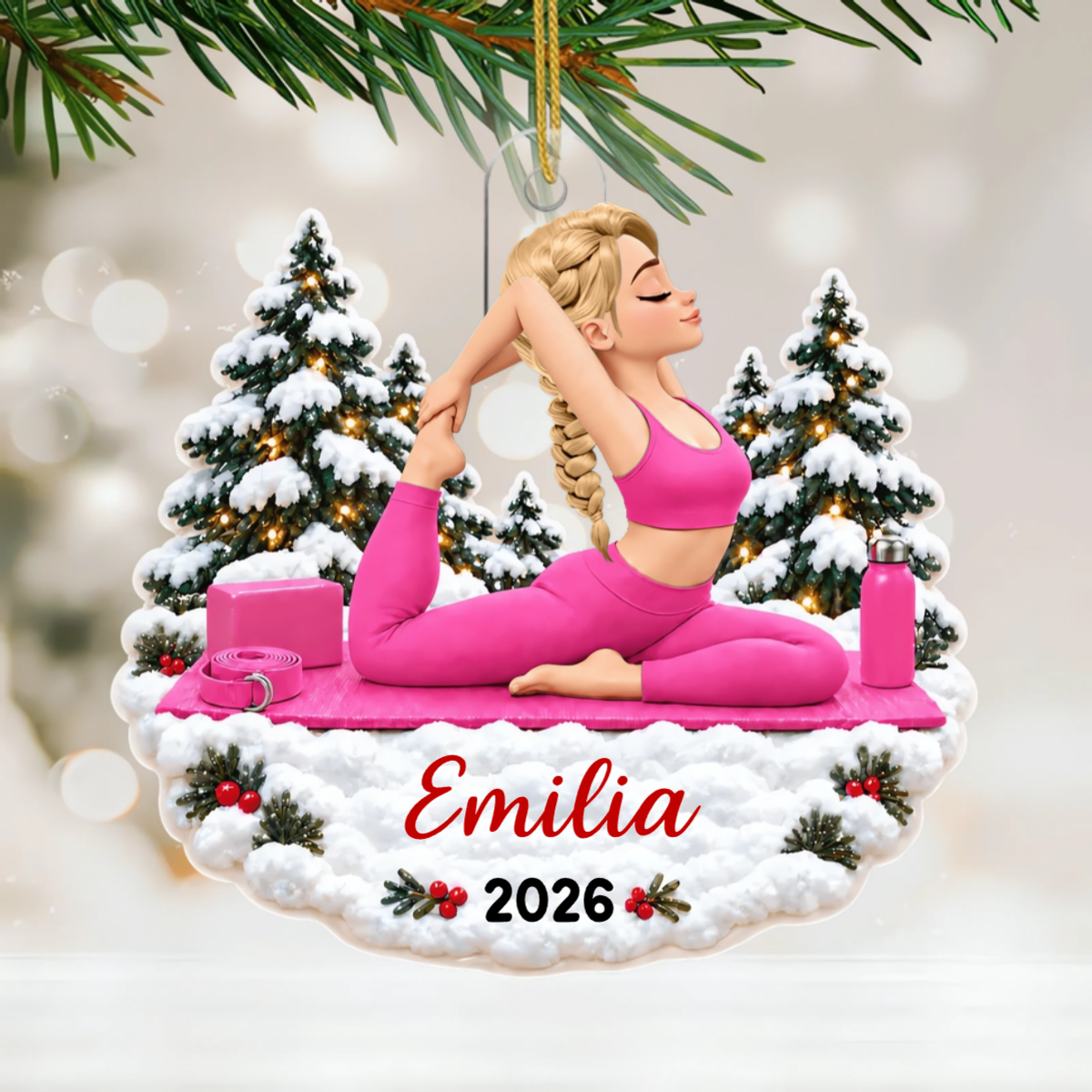 Yoga Frau_Mit_Verschneiten_Weihnachtsb_umen_ _Personalisiertes_Geschenk_Acryl Ornament_F_r_Yoga Liebhaber4