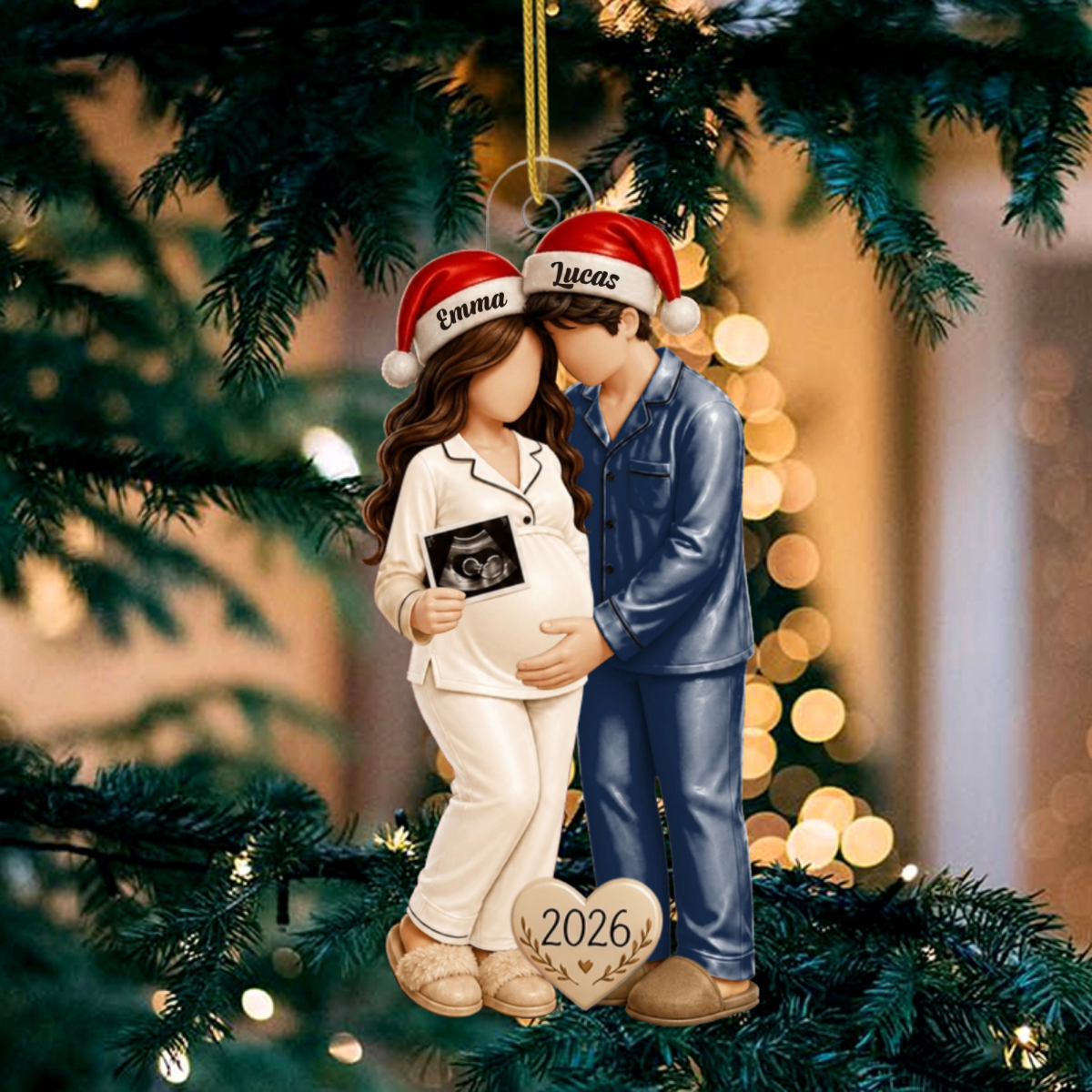 PersonalisierteWerdendeElternImWeihnachtsmann MutzenLookMitUltraschallbild_PersonlichesGeschenkAcryl OrnamentFurSchwangerePaare_2