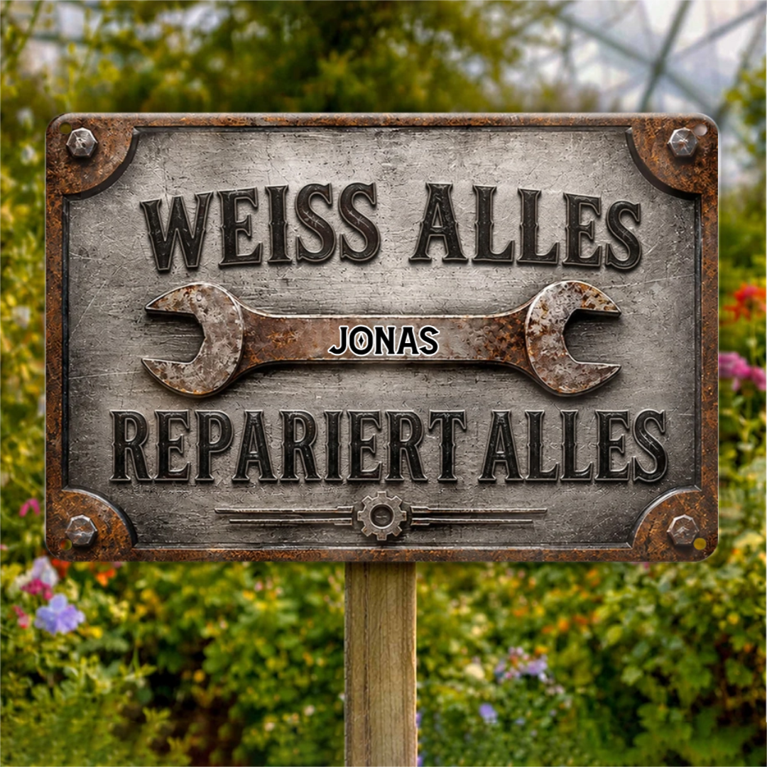 Weiss_Alles_Repariert_Alles_Personalisiertes_Geschenk_Metallschild_f_r_Papa