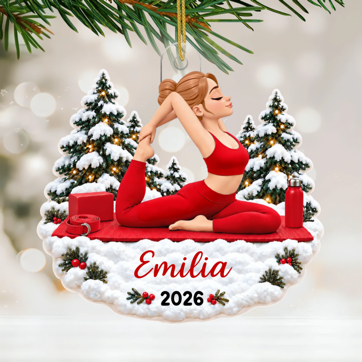 Yoga Frau_Mit_Verschneiten_Weihnachtsb_umen_ _Personalisiertes_Geschenk_Acryl Ornament_F_r_Yoga Liebhaber1