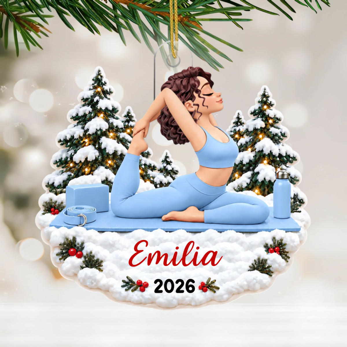 Yoga Frau_Mit_Verschneiten_Weihnachtsb_umen_ _Personalisiertes_Geschenk_Acryl Ornament_F_r_Yoga Liebhaber2
